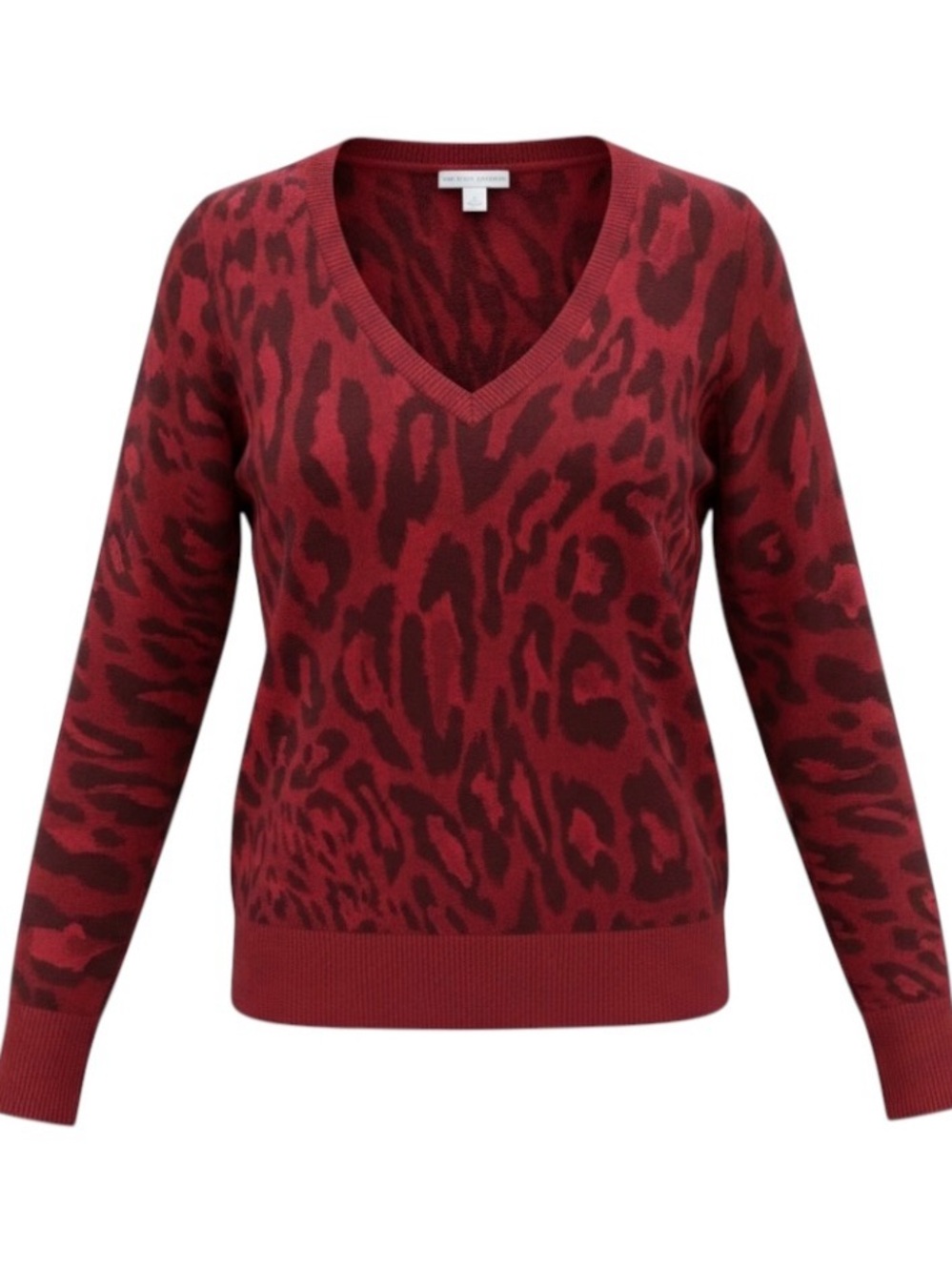 New York & Company Red and Black Leopard Print V-Neck Long Sleeve Sweater